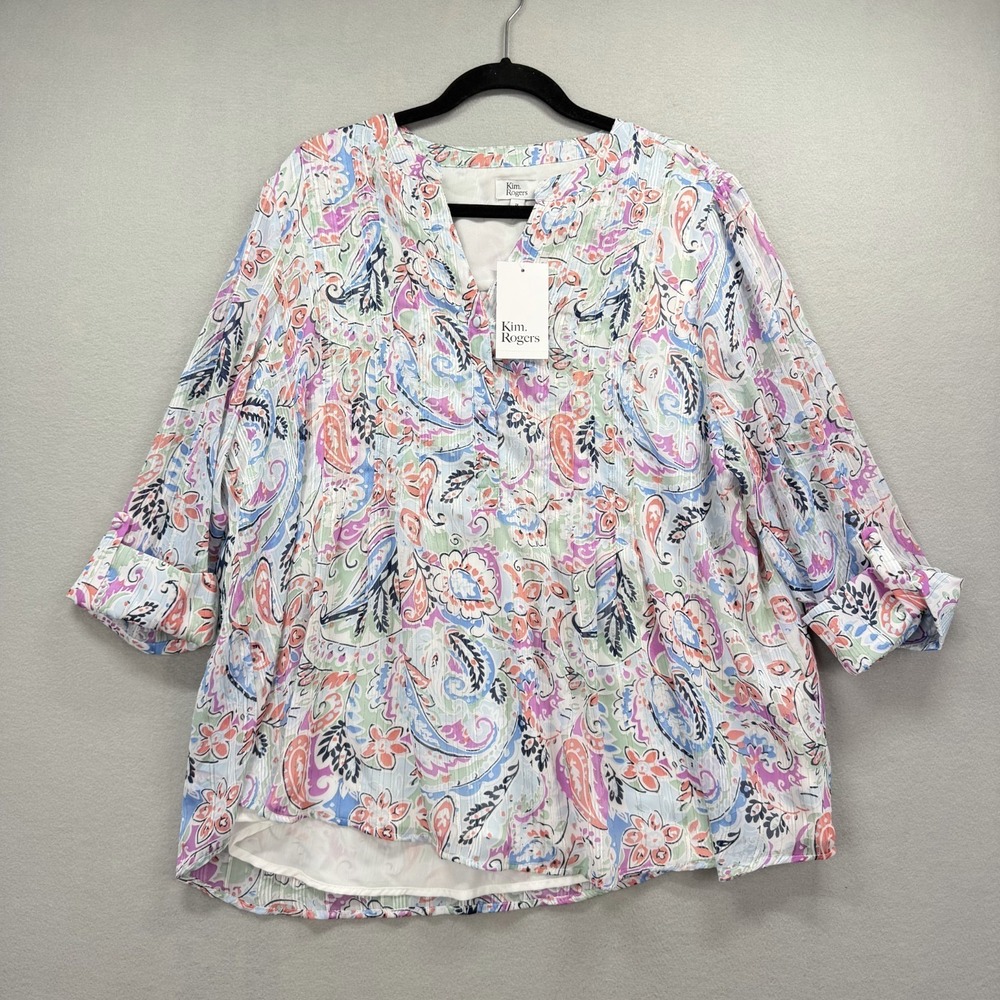 Kim Rogers Henley Blouse Top Womens 1X Multicolor Floral Paisley Roll Tab Sleeve